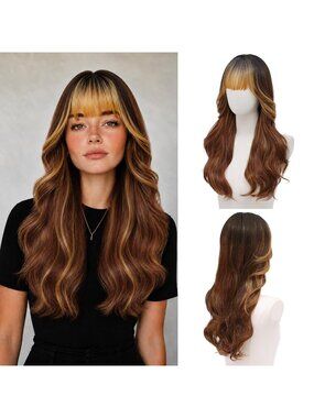 Women's Brown Highlight 24 Inch Long Wavy Heat Resistant Synthetic Hair Wig Bang